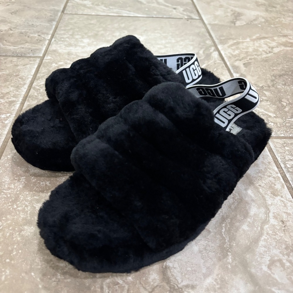 UGG Fluff Yeah Slide Black Sheepskin Slingback Platform Slipper 1098494K